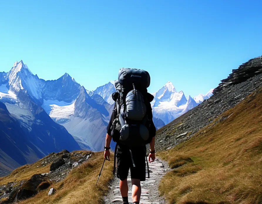 Backpacker hiking scenic mountain trail