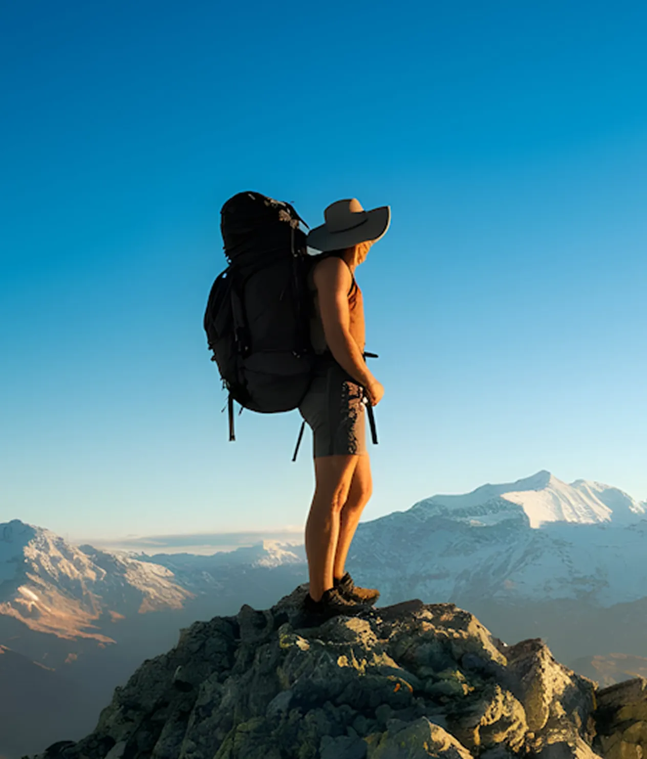 Hiker overlooking scenic mountain lake