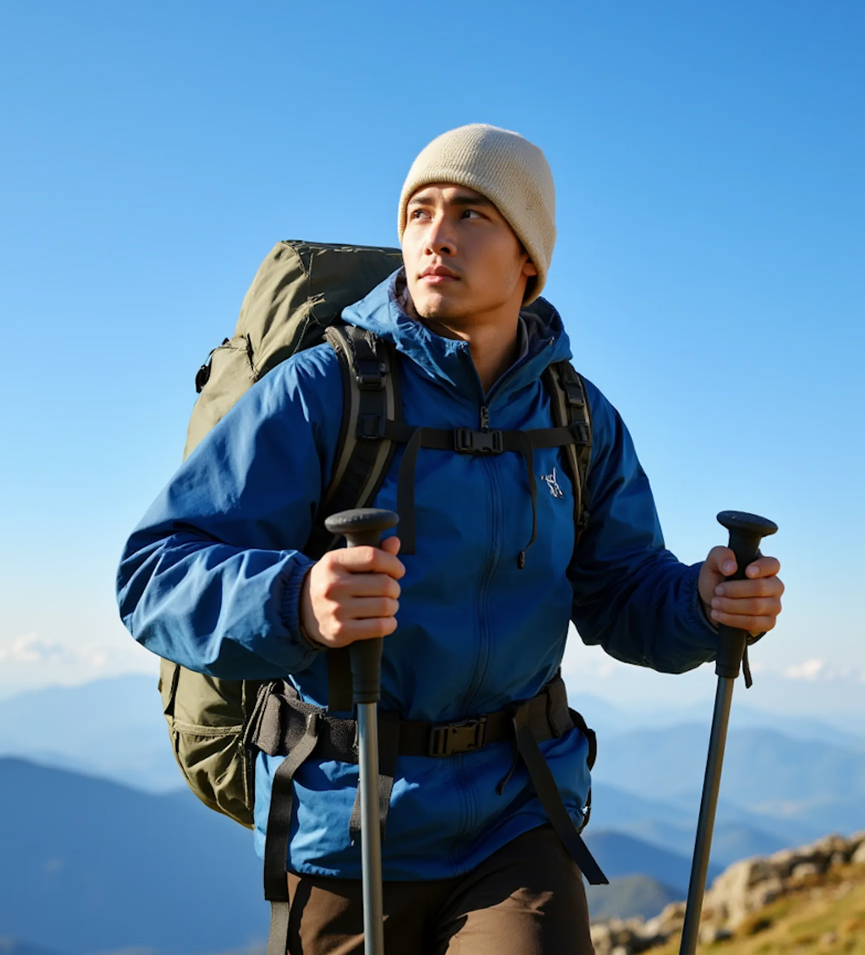 Trekker walking through snowy mountain valley