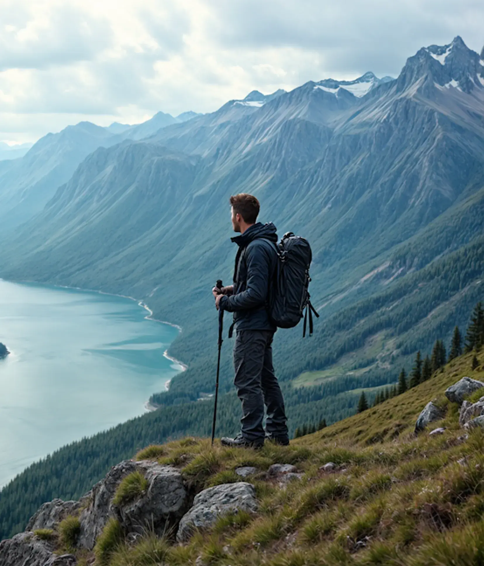 Hiker overlooking scenic mountain lake