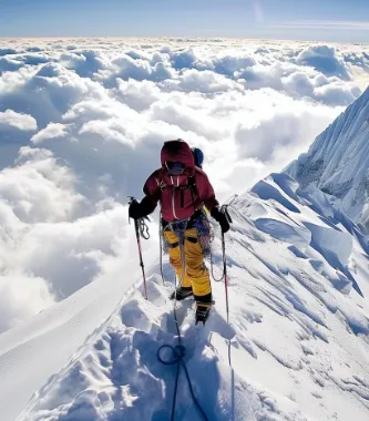 Climber exploring snowy mountain summit