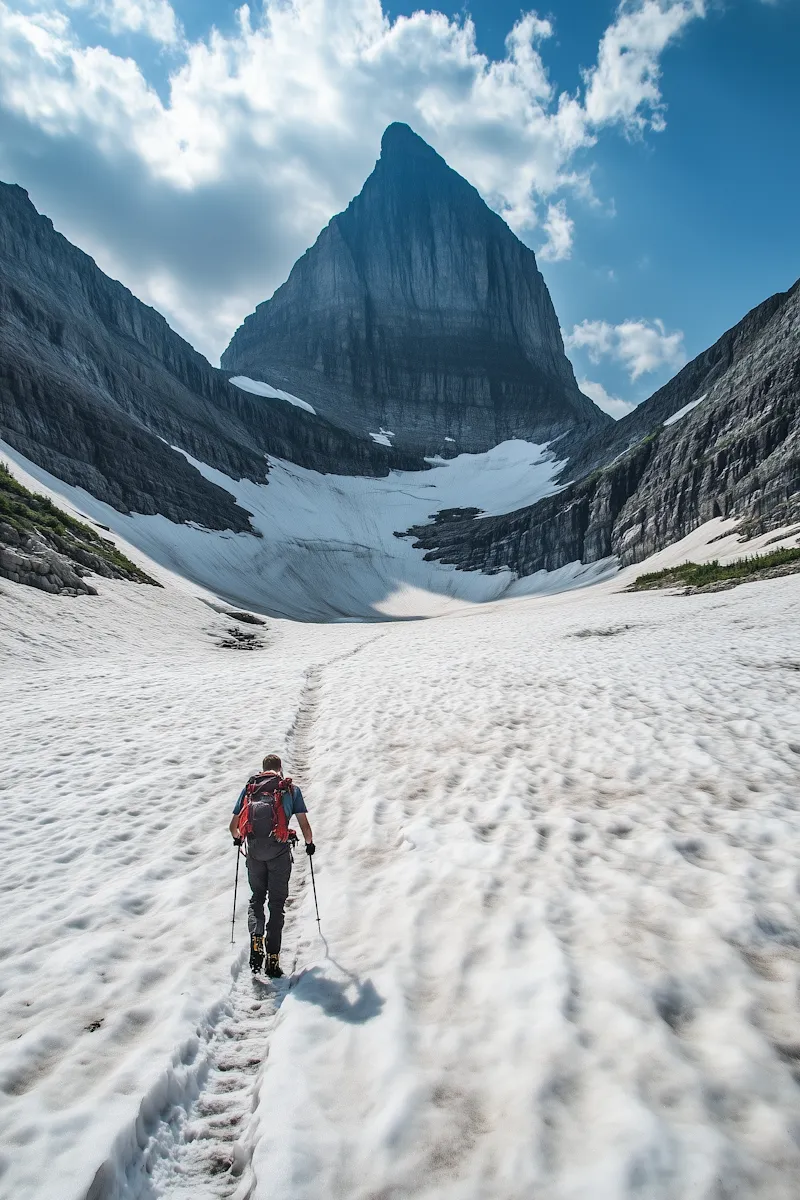 Trekker walking through snowy mountain valley